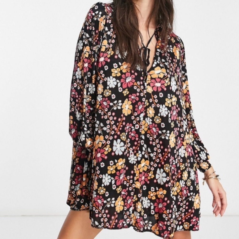 Like New Free People Daisy Jane Black Floral Swing Dress Generous XS Retail $148